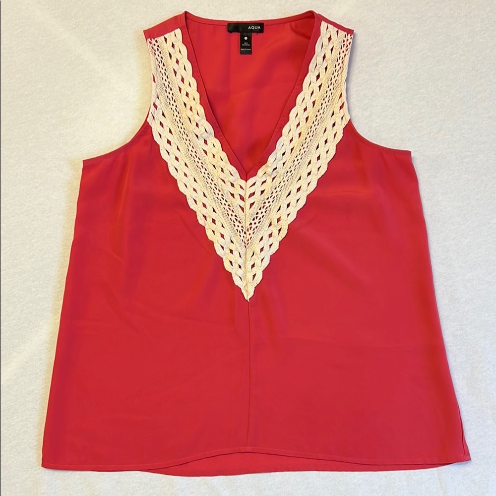 Aqua Salmon Coral Pink Sleeveless Tank Crochet Lace Detail Dressy Summer Top S